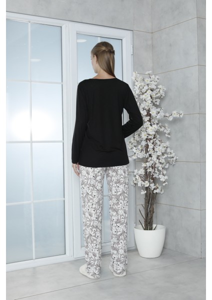 Viskon Büyük Beden Desenli Melisa Siyah Pijama Takımı %100 Pamuk indirimleri