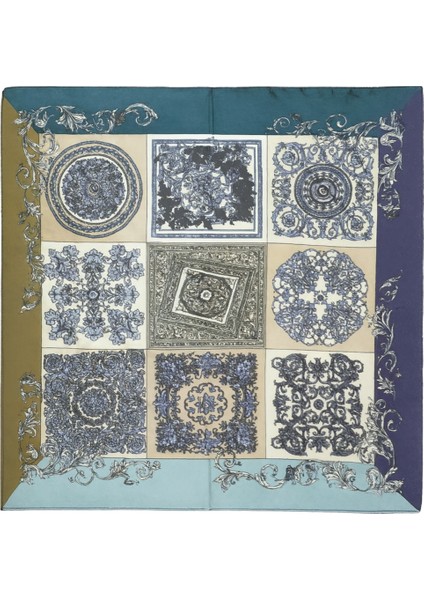 Mavi Tonlarda Mozaik Desenli Kare Fular fiyatları