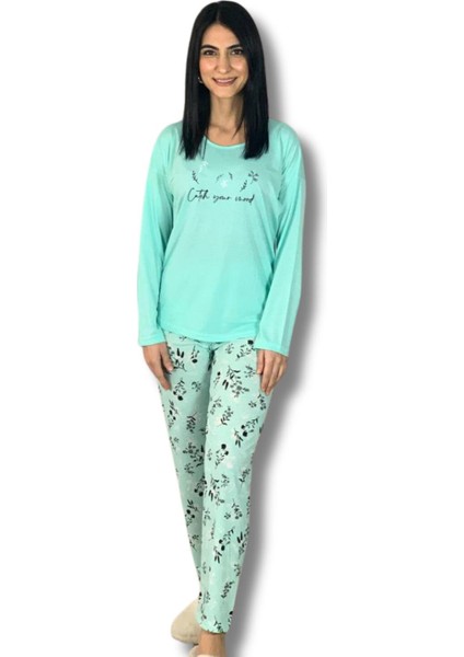 Kadın Pamuklu Viscon Çiçek Desenli Pijama Takımı (Yeşil) Yeşil 2X