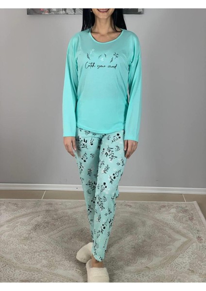 Kadın Pamuklu Viscon Çiçek Desenli Pijama Takımı (Yeşil) Yeşil 2X fiyatları