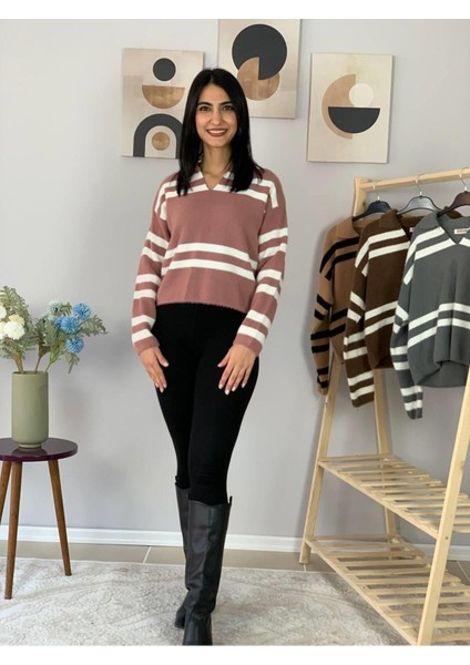 Kadın Polo V Yaka Sakallı Triko Crop Kazak Pudra Standart modelleri