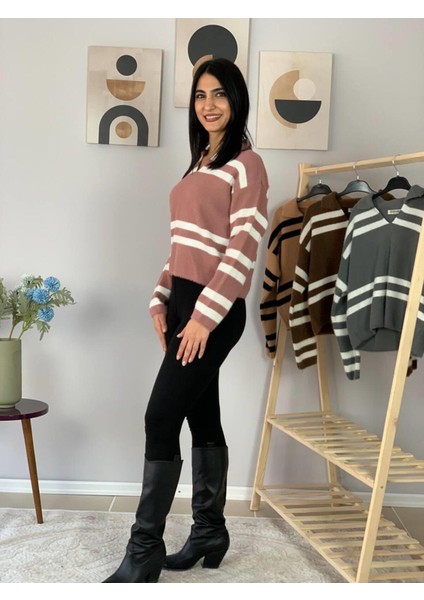 Kadın Polo V Yaka Sakallı Triko Crop Kazak Pudra Standart indirimleri