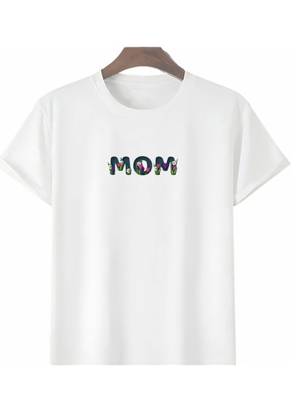Anneler Gününe Özel Tasarım Mom Çiçek Baskılı T-Shirt - Beyaz