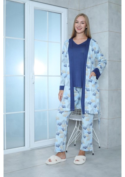 Viskon Desenli Mavi Pijama Takımı %100 Pamuk Mavi fiyatları