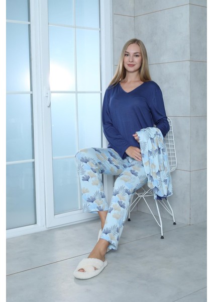 Viskon Desenli Mavi Pijama Takımı %100 Pamuk Mavi fırsatları