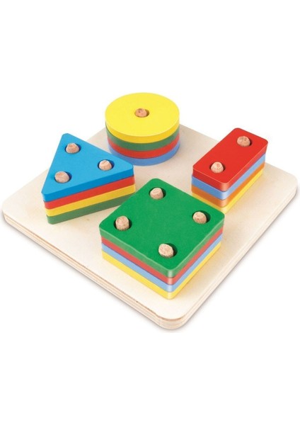 Renkli Ahşap Eğitici 4'lü Kare Sütun Geometrik Şekil Seti