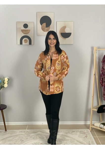 Kadın Tek Cepli Desenli Kalın Oduncu Ceket Gömlek (Kiremit) Stand modelleri