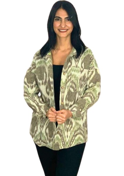 Kadın Tek Cepli Desenli Kalın Oduncu Ceket Gömlek (Haki-Beyaz) St