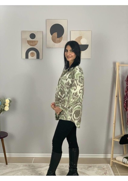 Kadın Tek Cepli Desenli Kalın Oduncu Ceket Gömlek (Haki-Beyaz) St indirimleri