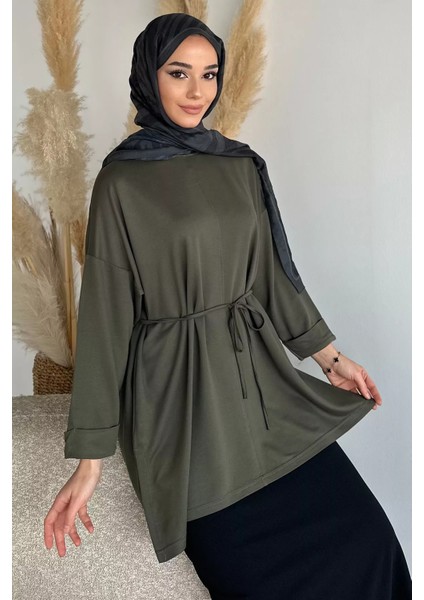 Bisiklet Yaka Yan Yırtmaç Detaylı Bel Bağlamalı Tesettür Tunik P-00019263