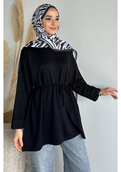 Bisiklet Yaka Yan Yırtmaç Detaylı Bel Bağlamalı Tesettür Tunik P-00019263