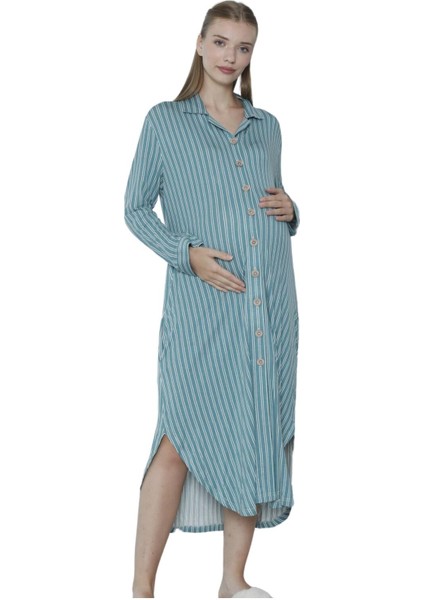 Viskon Çizgili Yeşil Ev Elbisesi %100 Pamuk S Yeşil