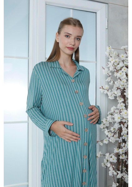 Viskon Çizgili Yeşil Ev Elbisesi %100 Pamuk S Yeşil modelleri