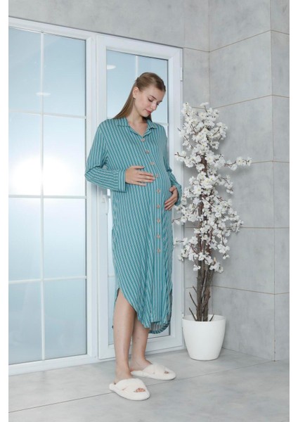 Viskon Çizgili Yeşil Ev Elbisesi %100 Pamuk S Yeşil fırsatları