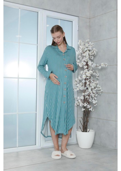 Viskon Çizgili Yeşil Ev Elbisesi %100 Pamuk S Yeşil indirimleri