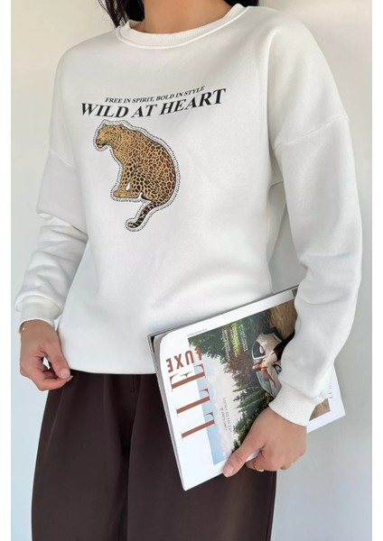 Kadın Bisiklet Yaka Baskılı Şardonlu Sweatshirt P-00019310