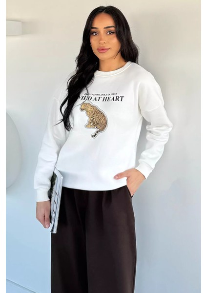 Kadın Bisiklet Yaka Baskılı Şardonlu Sweatshirt P-00019310 fiyatları
