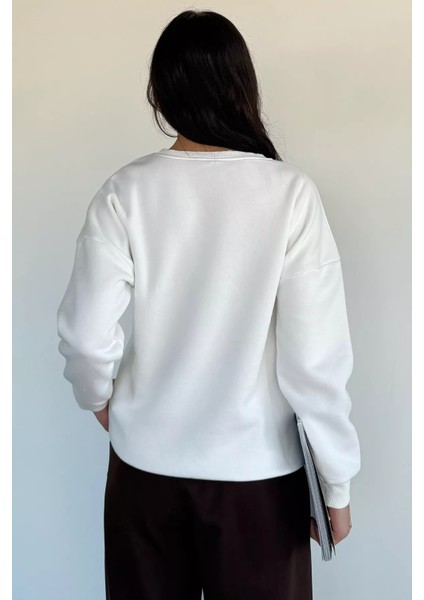 Kadın Bisiklet Yaka Baskılı Şardonlu Sweatshirt P-00019310 fırsatları