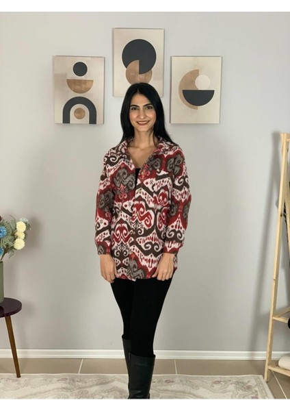 Kadın Tek Cepli Desenli Kalın Oduncu Ceket Gömlek (Kırmızı-Kahve) modelleri