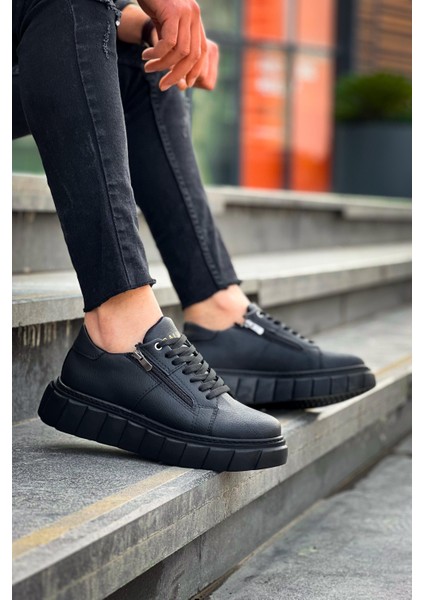 KB-X155 Kuback Siyah Cilt Detaylı Siyah Yüksek Taban Günlük Spor Ayakkabı