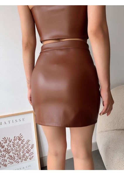 Dantelli Fermuarlı Deri Etek Kahve fiyatları