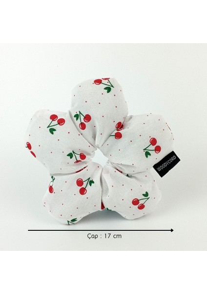 El Yapımı Kiraz Desenli Beyaz Çiçek Scrunchie Topuz Tokası fiyatları