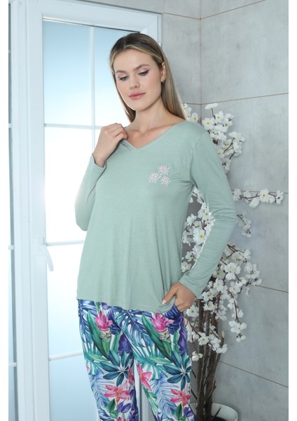 Viskon Desenli Pijama Takımı (Yeşil) Yeşil 2XL modelleri