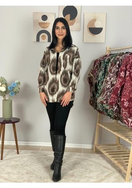 Kadın Tek Cepli Desenli Kalın Oduncu Ceket Gömlek (Krem-Kahve) St fiyatları