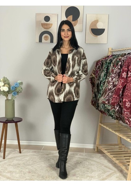 Kadın Tek Cepli Desenli Kalın Oduncu Ceket Gömlek (Krem-Kahve) St fırsatları