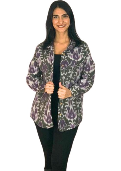 Kadın Tek Cepli Desenli Kalın Oduncu Ceket Gömlek (Eflatun-Haki)