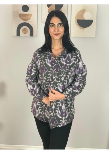 Kadın Tek Cepli Desenli Kalın Oduncu Ceket Gömlek (Eflatun-Haki) fiyatları