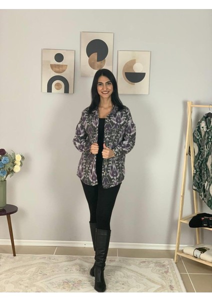 Kadın Tek Cepli Desenli Kalın Oduncu Ceket Gömlek (Eflatun-Haki) modelleri