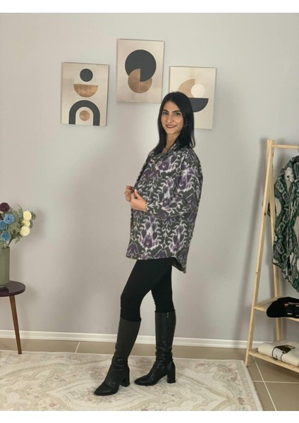 Kadın Tek Cepli Desenli Kalın Oduncu Ceket Gömlek (Eflatun-Haki) indirimleri