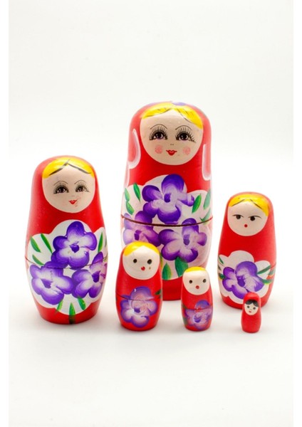 Kırmızı Ahşap Matruşka Bebek Seti, 6'lı, Renkli ve Şık Tasarım