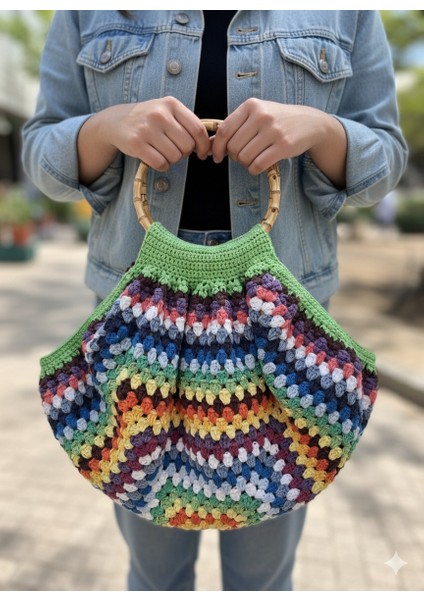 34X36 Çok Renkli Koton Iplik Astarlı Bambu Saplı Çanta-Koton El Örgüsü Astarlı Çanta-Bambu Saplı Çok Renkli Koton El Örgüsü Çanta