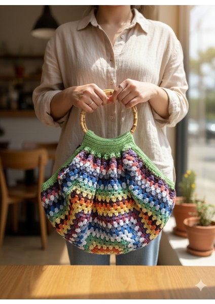 34X36 Çok Renkli Koton Iplik Astarlı Bambu Saplı Çanta-Koton El Örgüsü Astarlı Çanta-Bambu Saplı Çok Renkli Koton El Örgüsü Çanta modelleri