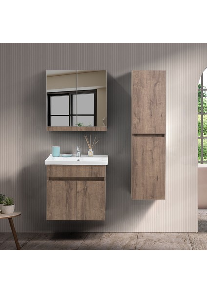 Mona 65 cm Kahverengi %100 Mdf Lavabolu Banyo Dolabı, Aynalı Üst Dolap ve Boy Dolabı