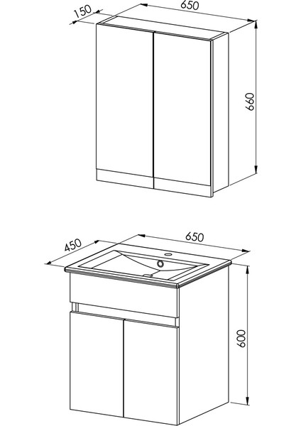 Mona 65 cm Kahverengi %100 Mdf Lavabolu Banyo Dolabı, Aynalı Üst Dolap ve Boy Dolabı fiyatları