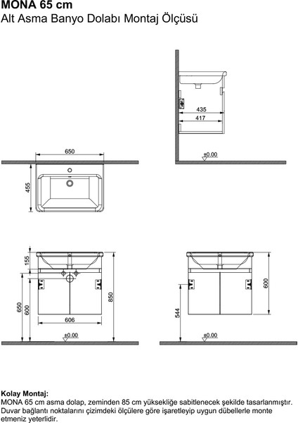 Mona 65 cm Kahverengi %100 Mdf Lavabolu Banyo Dolabı, Aynalı Üst Dolap ve Boy Dolabı modelleri