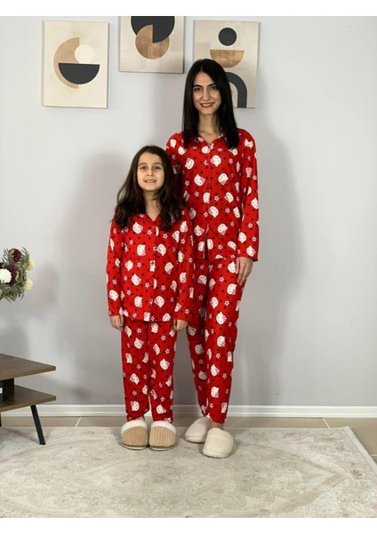 Anne Kız Kombin Önden Düğmeli Bebe Yaka %100 Pamuk Kitty Kedicik indirimleri