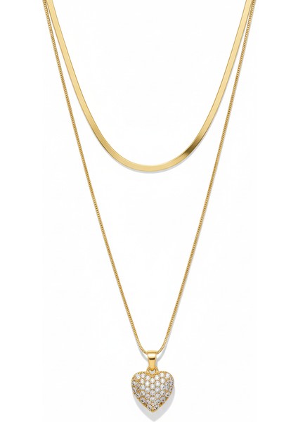 Çelik Zirkon Kalp Kolye Yılan Zincir Kararmaz Takı