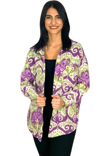 Kadın Tek Cepli Desenli Kalın Oduncu Ceket Gömlek (Mor) Standart