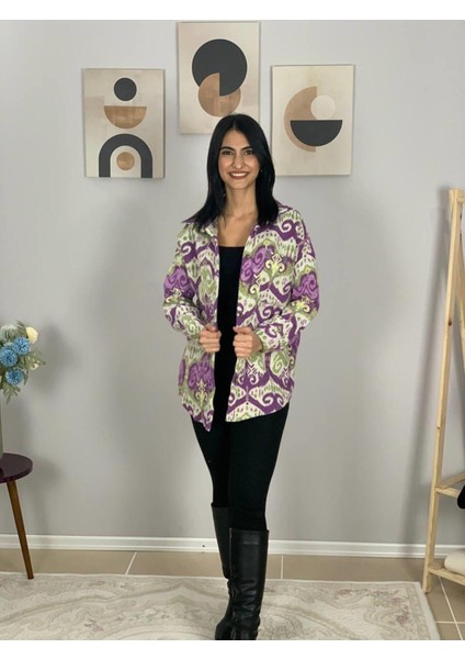 Kadın Tek Cepli Desenli Kalın Oduncu Ceket Gömlek (Mor) Standart fiyatları