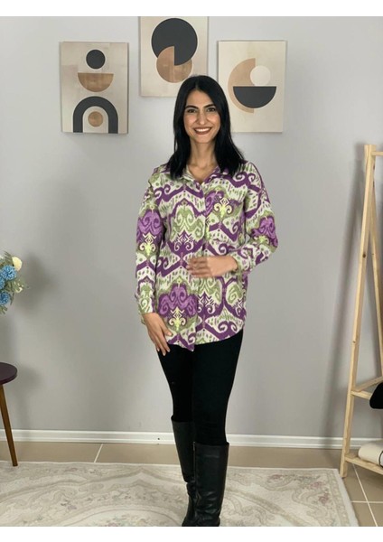 Kadın Tek Cepli Desenli Kalın Oduncu Ceket Gömlek (Mor) Standart indirimleri