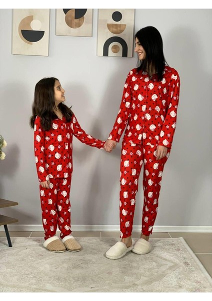 Anne Kız Kombin Önden Düğmeli Bebe Yaka %100 Pamuk Kitty Kedicik fırsatları