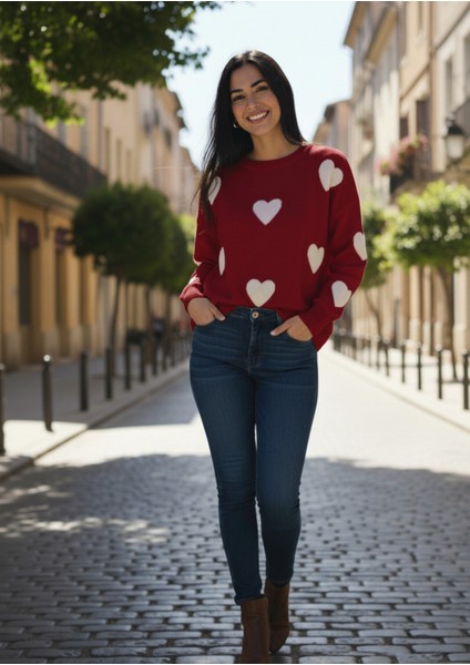 Kadın Bisiklet Yaka Kalpli Triko Kazak