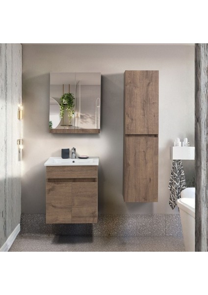 Mona 55 cm Kahverengi %100 Mdf Lavabolu Banyo Dolabı, Aynalı Üst Dolap ve Boy Dolabı