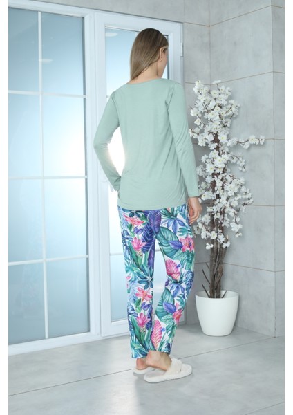 Viskon Desenli Pijama Takımı (Yeşil) Yeşil S fırsatları