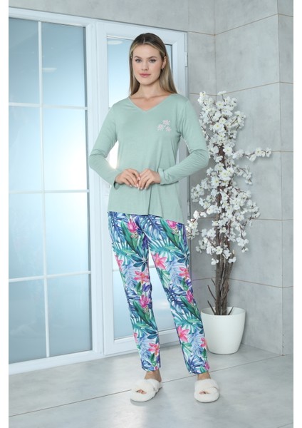 Viskon Desenli Pijama Takımı (Yeşil) Yeşil S indirimleri