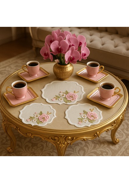 Pudra Çiçek Nakışlı Zarif Kahve Sunum Peçetesi – El Işçiliği Premium Model fiyatları